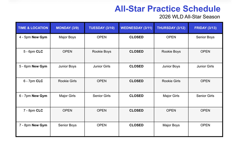 ALL-STAR Practice Schedule 3/9 - 3/13!!!