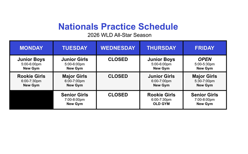 National Teams Practice Schedule